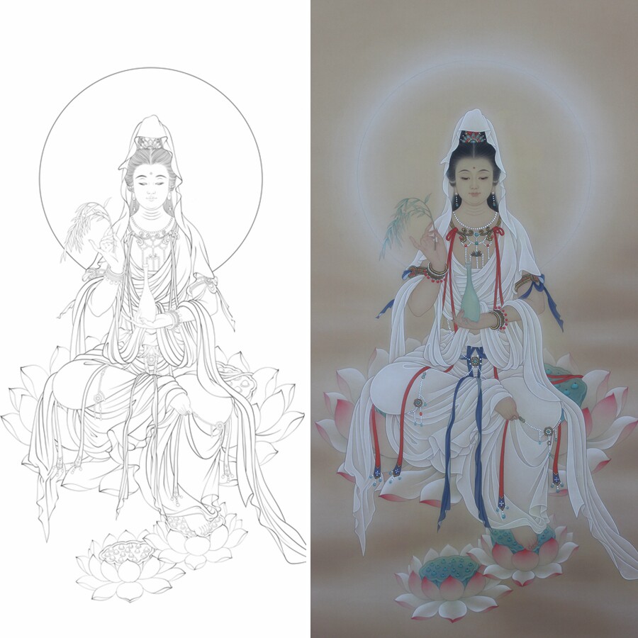 高清白衣观音菩萨白描底稿工笔佛像人物线稿线描纸质打印稿非宣纸,家居饰品,国画,淘宝优惠券,粉丝福利购,淘宝优惠卷