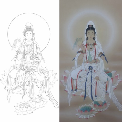 高清白衣观音菩萨白描底稿工笔佛像人物线稿线描纸质打印稿非宣纸