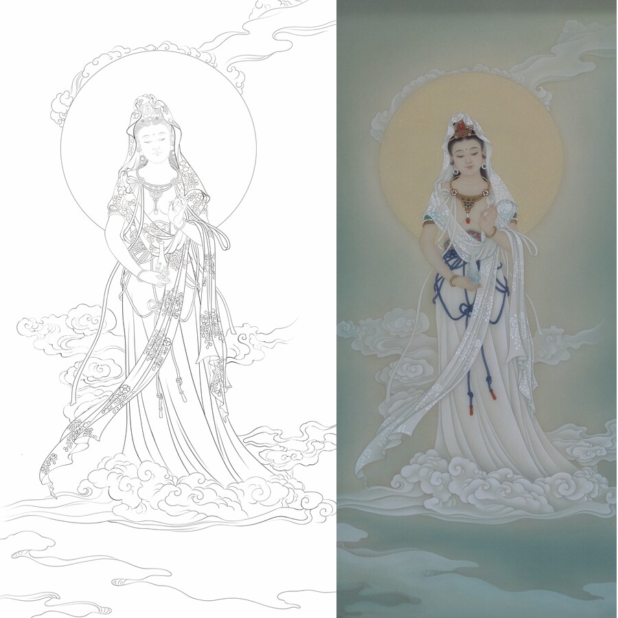 高清观音菩萨白描底稿人物线描稿