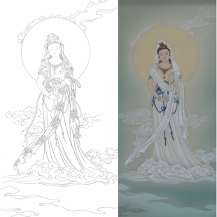 高清白衣观音菩萨白描底稿工笔佛像人物线稿线描纸质打印稿非宣纸
