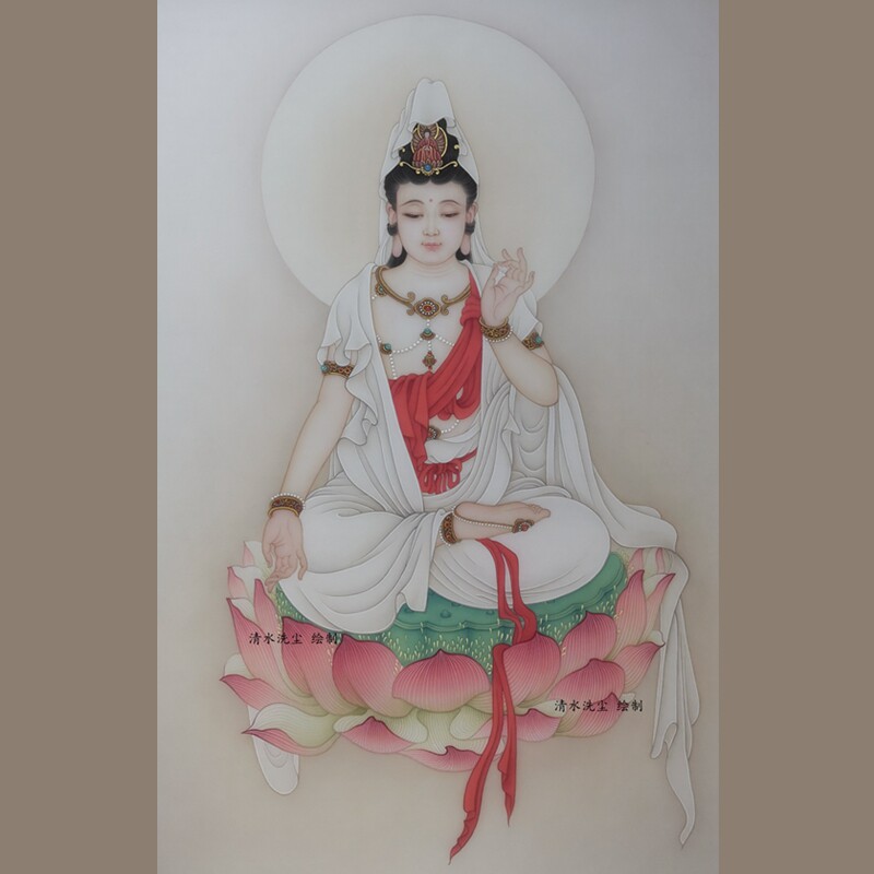 本人纯手绘工笔画莲花观音菩萨佛像绘画绢画国画新中式画心未装裱
