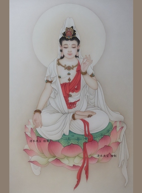 本人纯手绘工笔画莲花观音菩萨佛像绘画绢画国画新中式画心未装裱