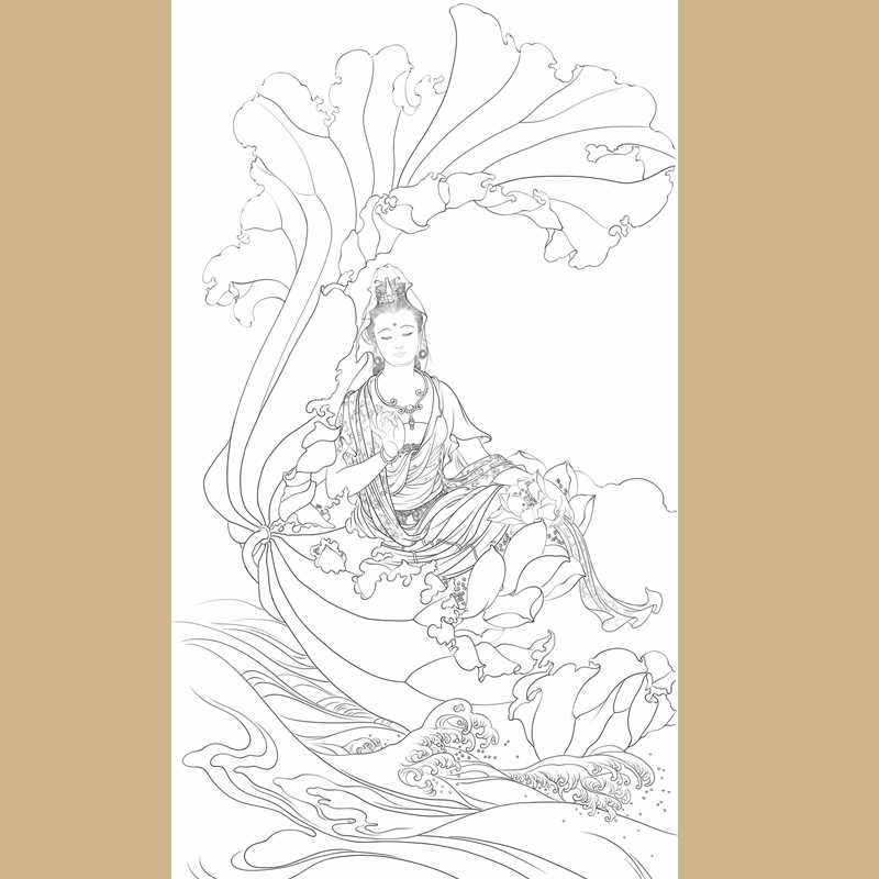 高清观音菩萨白描底稿工笔佛像人物线稿线描实物纸质打印稿非宣纸