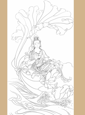 高清大势至菩萨白描底稿工笔佛像人物线稿线描纸质打印稿非宣纸