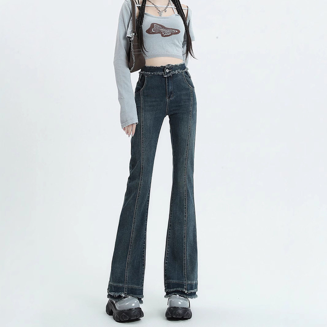 微喇叭牛仔裤女春秋新款高腰流苏辣妹修身显高显瘦毛边拖地长