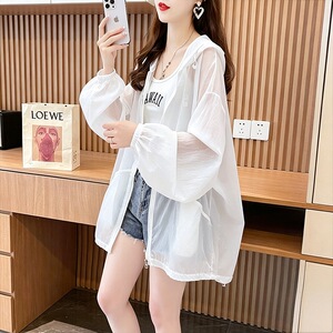 实拍涤纶 2026夏季薄款连帽防晒衣女宽松外搭长袖外套上衣蓝色