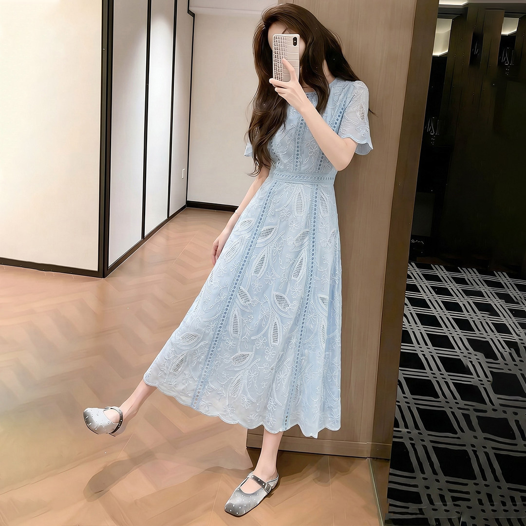法式蓝色刺绣收腰短袖连衣裙女