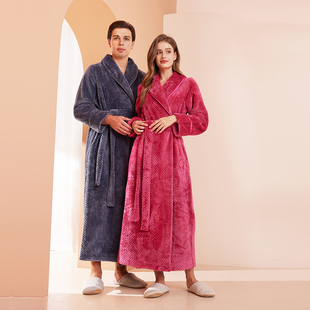 速热双面加绒秋冬季 女珊瑚绒收腰长袍 情侣浴袍男睡衣睡袍加厚长款
