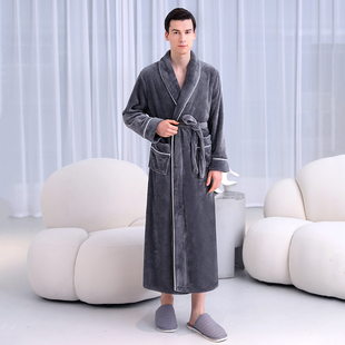 睡衣长款 男士 浴巾睡袍法兰绒秋冬款 珊瑚绒加厚可穿式 冬天浴袍男款