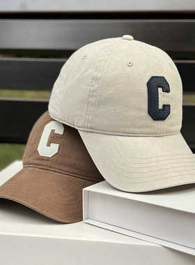韩版时尚字母C遮阳鸭舌帽子男纯棉软顶刺绣深顶棒球帽女2024新款