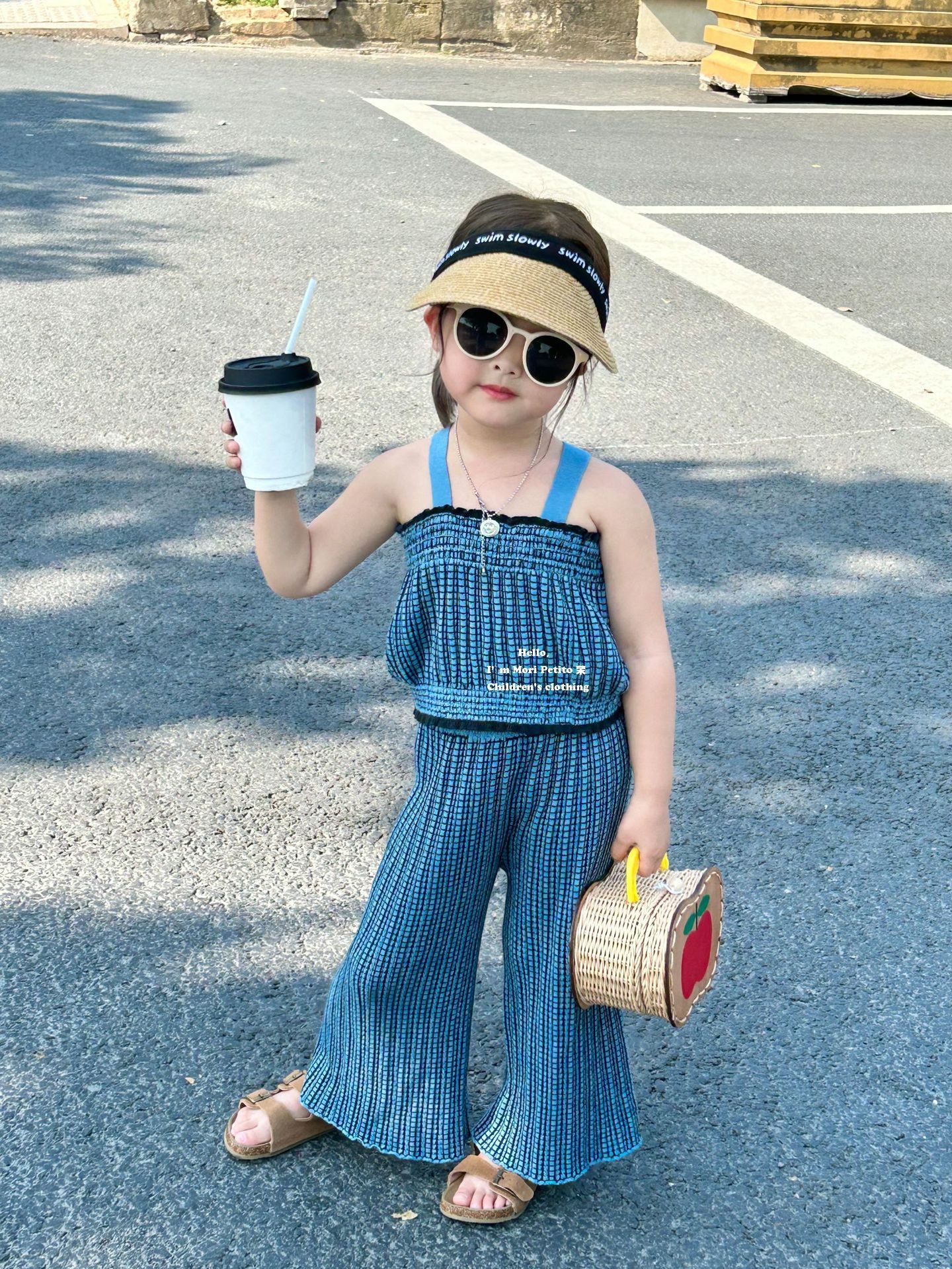 女童蓝色撞色木耳边针织吊带套装连体裤韩版宝宝阔腿裤夏季洋气套