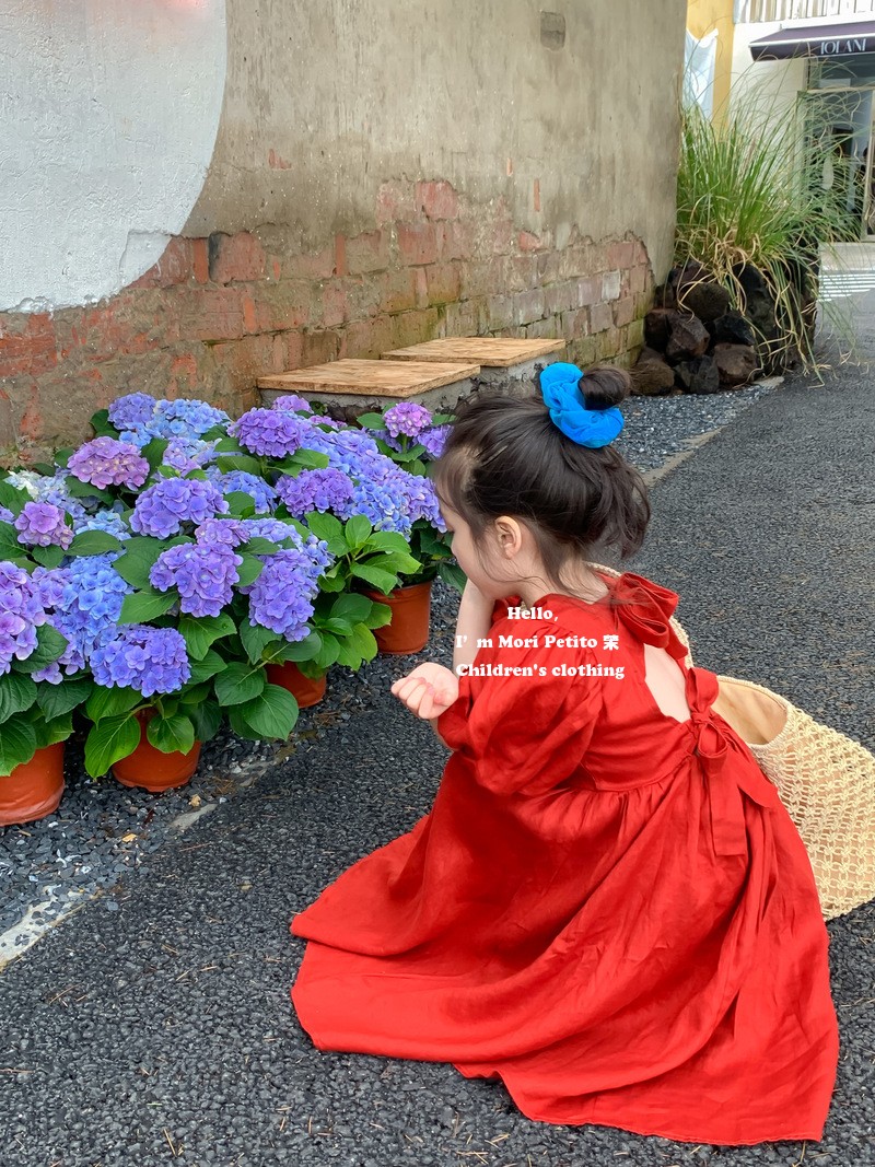 酒红色女童露背连衣裙美背系带甜美公主泡泡袖短袖夏季生日礼服裙