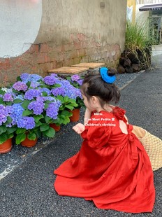 生日礼服裙 夏季 短袖 酒红色女童露背连衣裙美背系带甜美公主泡泡袖