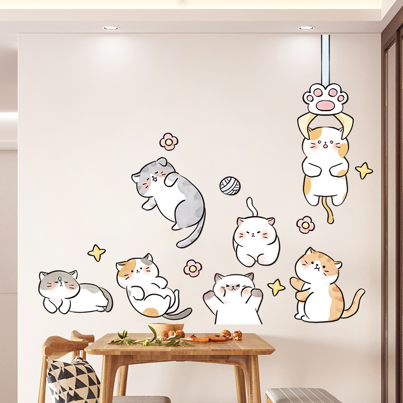 卡通猫咪贴纸客厅背景墙贴纸卧室房间餐厅装饰布置贴画自粘小图案图片