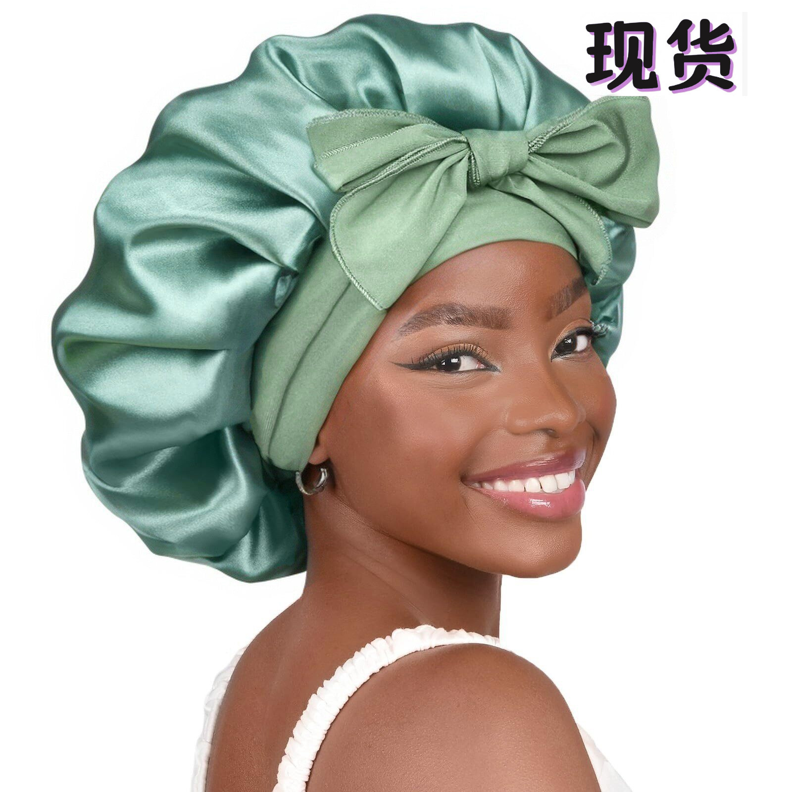 亚马逊跨境色丁飘带圆帽蝴蝶结特大号美容护发宽边帽子女头巾睡帽