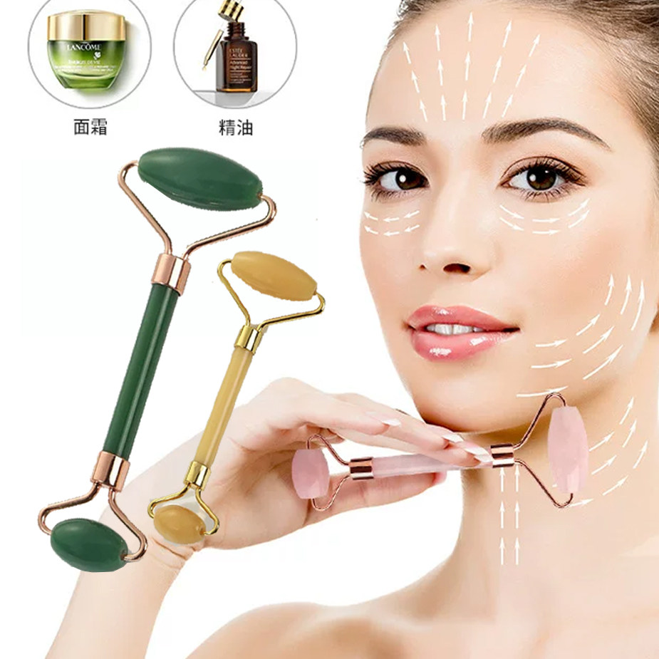 玉石滚轮美容按摩器金属手动双头脸部放松按摩仪眼部提拉刮痧套装