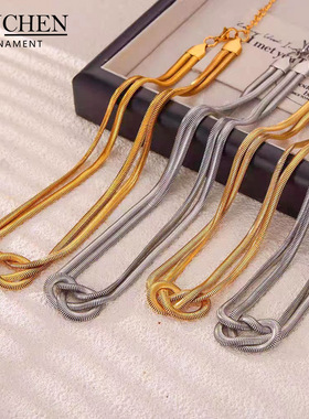 跨境嘻哈蛇形链编织打结刀片链时尚双层18k金不褪色项链手链