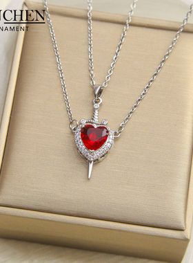 跨境欧美一箭穿心项链铜镀18K金红色爱心匕首情侣情人节礼物饰品