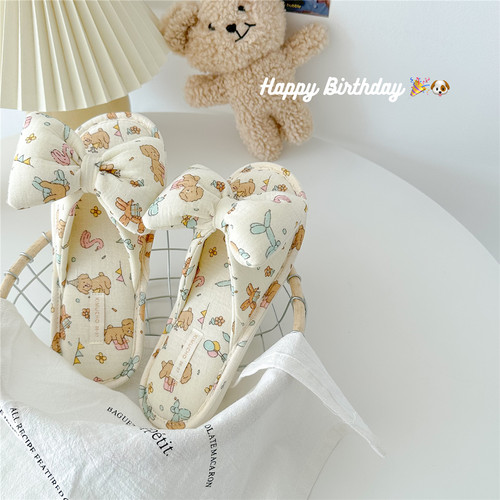 ins风可爱生日狗狗印花蝴蝶结女居家露趾拖鞋室内地板布艺拖鞋