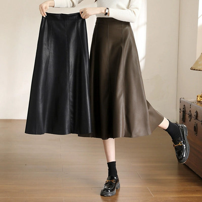 秋冬中长款皮裙半身裙伞裙