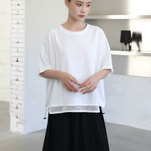 BEST原创设计纯色百搭好看短袖 拼接抽绳宽松上衣 T恤女2026夏新款