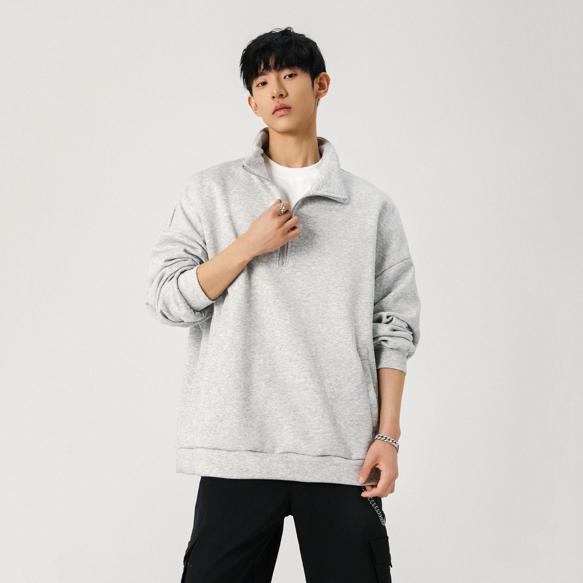 【满两件包邮】精品2025秋新款青少年港风半拉链卫衣学生纯色上衣