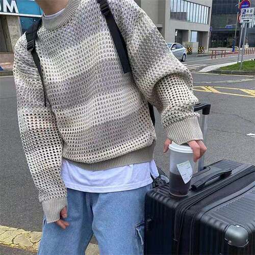 【满两件包邮】2026春季新款青少年港风宽松韩版镂空条纹毛衣上衣