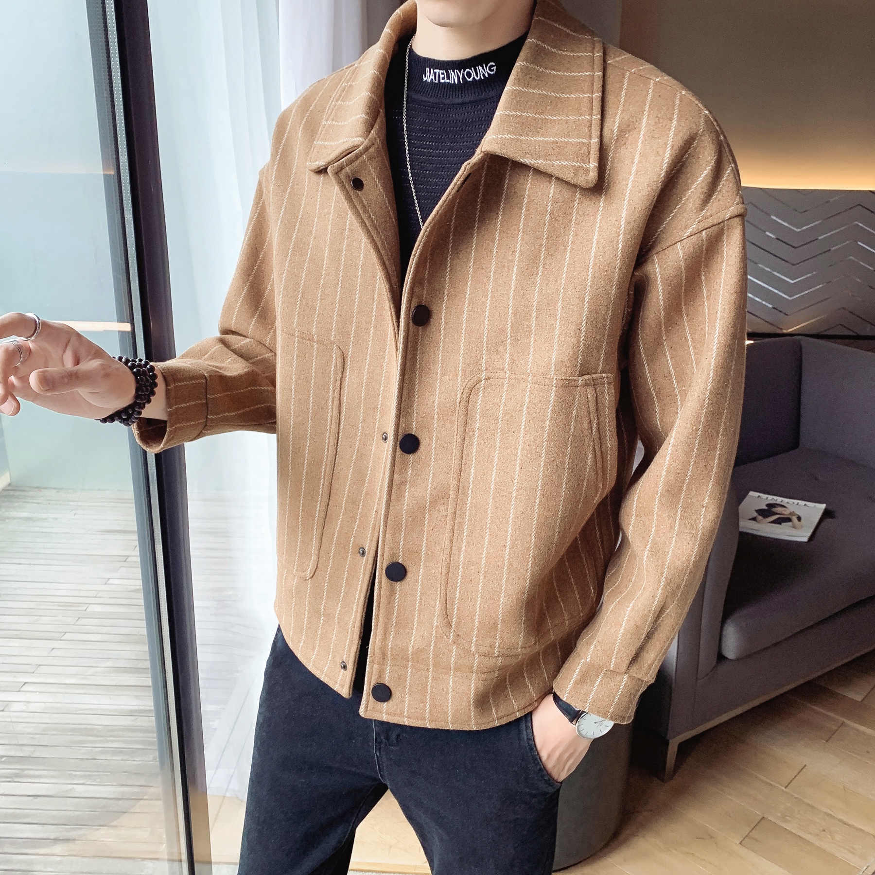 【满两件包邮】2025秋季新款青少年港风韩版短款呢料条纹休闲夹克