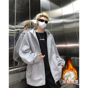 【满两件包邮】2026春季新款港风高街加绒大码ins潮外套街头卫衣