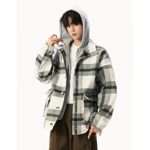 【满两件包邮】2025秋冬新款港风毛呢大衣假两件连帽格子呢子夹克