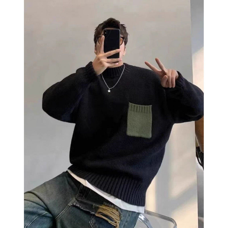 【满两件包邮】2026春季新款青少年港风口袋撞色圆领宽松针织毛衣