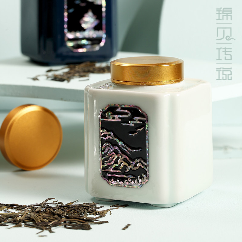 青岛文创螺钿陶瓷密封茶叶罐陶瓷茶盒茶仓旅行储物罐普洱罐存茶罐
