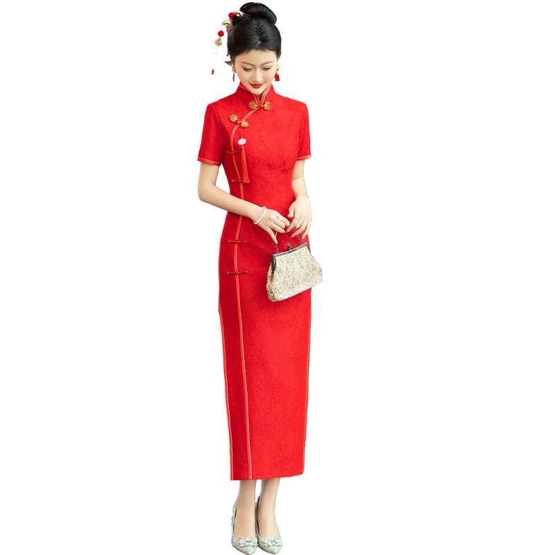 2025外嫁女旗袍中国红开叉走秀回娘家旗袍短袖礼仪迎宾颁奖旗袍