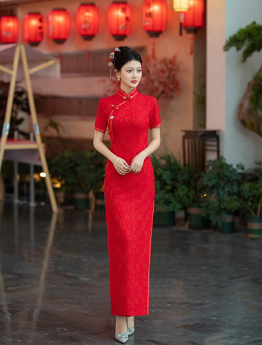 2026新款外嫁女回娘家短袖中式礼仪迎宾颁奖旗袍中国红开叉走秀