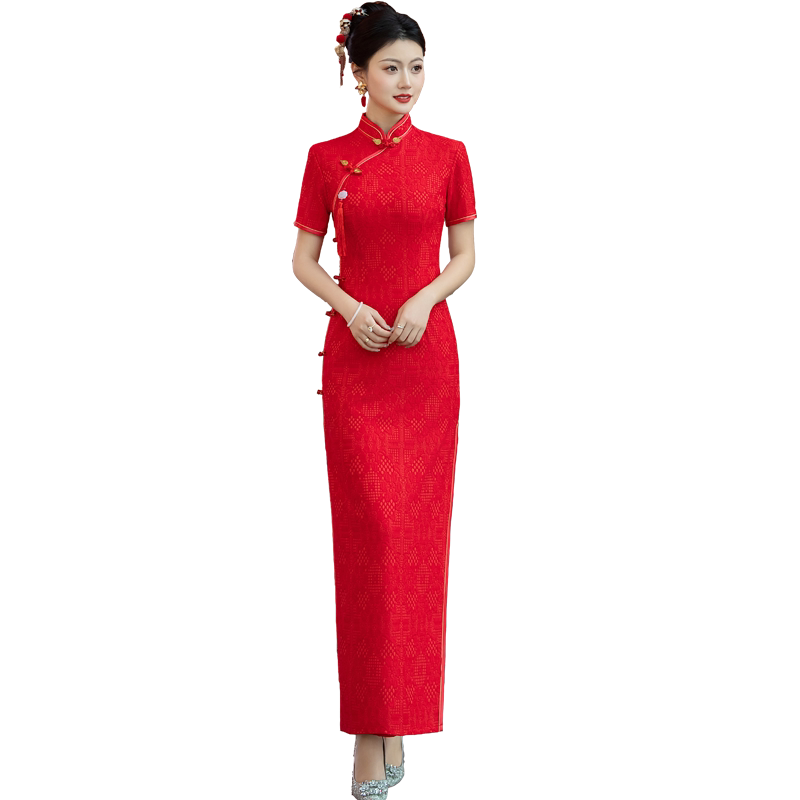 2026新款外嫁女回娘家短袖中式礼仪迎宾颁奖旗袍中国红开叉走秀