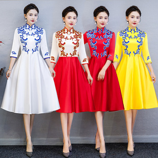中长袖款礼仪旗袍迎宾服装颁奖服酒宴会礼服连衣裙大合唱演出服装