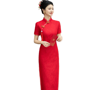 2026新款中国红开叉走秀外嫁女回娘家短袖中式礼仪迎宾颁奖旗袍