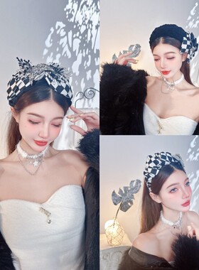 KUKKUU 原创时髦摩登复古黑白棋盘格天鹅绒蝴蝶结褶皱发饰宽发箍