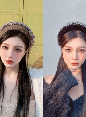 KUKKUU 优雅重工貂绒毛水晶串珠流苏高颅顶奢华发箍皮草宽版发饰