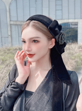 KUKKUU 原创设计复古优雅秋冬细闪天鹅绒山茶花钻长飘带淑女发箍