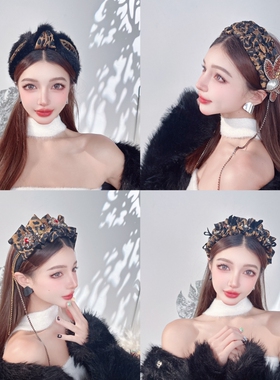 KUKKUU 原创欧美复古辣妹豹纹系列织锦提花貂毛褶皱花苞宽边发箍