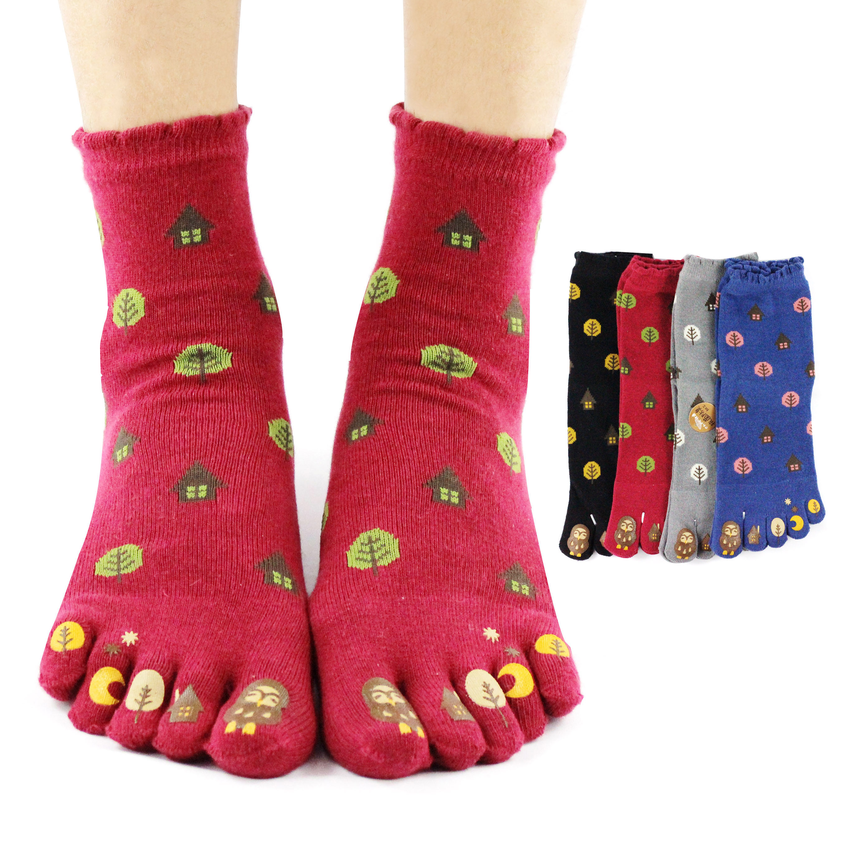 卡通可爱五指袜女中筒纯棉抗菌防臭分趾袜秋季全棉袜子卡通提花