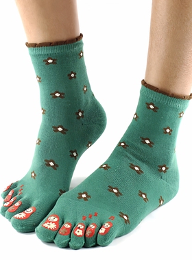 卡通花朵可爱五指袜女中筒纯棉抗菌分趾袜绿色日系袜子吸汗保暖