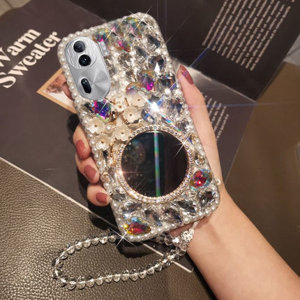 适用于OPPOReno11手机壳珍珠Reno10pro手绳满钻Reno9/8/7SE/6/5/4带镜子K9X镶钻k7x奢华全包A72软壳R17闪钻女
