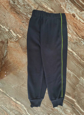 藏蓝色荧光果绿色螺纹束脚儿童中小学生加绒运动校服裤子宽松冬