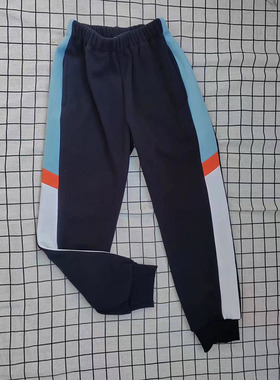 藏蓝宽浅天蓝橙色菱形宽白螺纹束脚中小学生直筒运动校服裤子秋冬