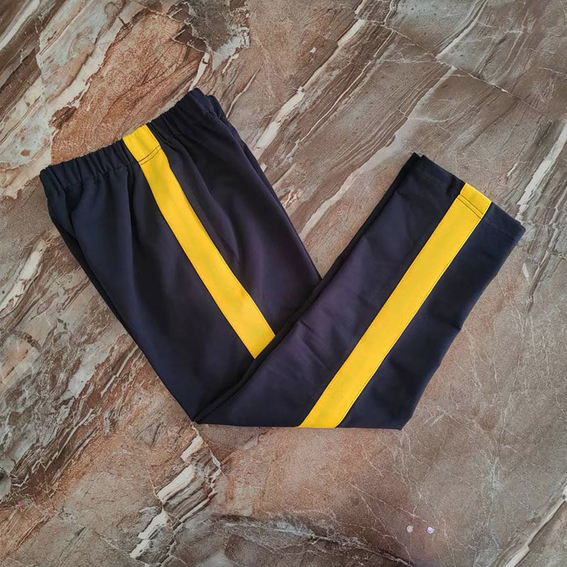 藏蓝色宽金黄条儿童男女中小学生加绒运动校服裤子宽松直筒春秋款