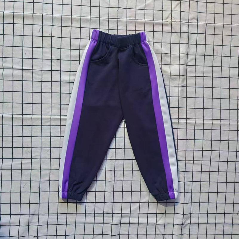 藏蓝色竖宽紫条拼竖宽白条松紧束脚运动校服裤中小学生秋冬加绒