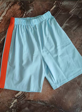 夏季超薄纯棉浅天蓝宽橙色条短裤两边口袋中小学生运动五分裤七分