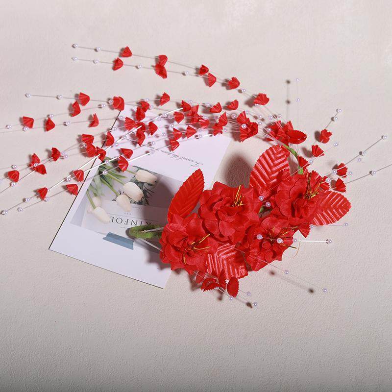 80年代新娘怀旧红色头花港风复古拍照头饰品新娘红色珍珠结婚头花